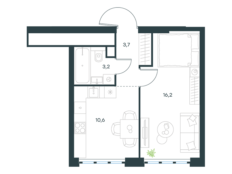 Apartment with 1 bedroom 33.7 m2 in complex Level Yujnoportovaya