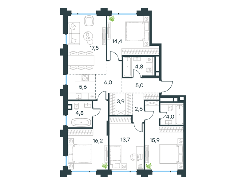 Apartment with 4 bedrooms 114.4 m2 in complex Level Baumanskaya