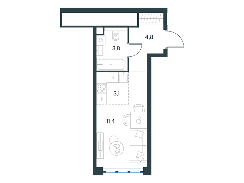 Apartment with 1 bedroom 23.1 m2 in complex Level Yujnoportovaya