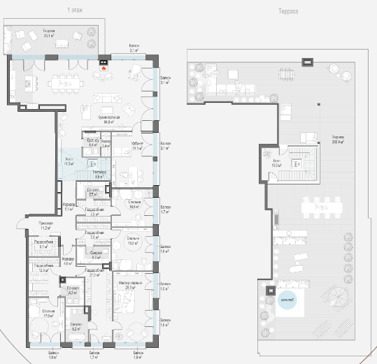 Layout picture Apartment with 5 bedrooms 349 m2 in complex Obydensky №1