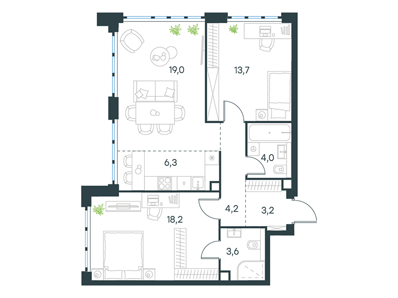 Apartment with 2 bedrooms 72.2 m2 in complex Level Yujnoportovaya