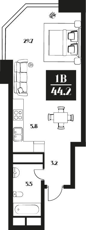 Layout picture Apartments with 1 bedrooms 44.2 m2 in complex Deco Residence