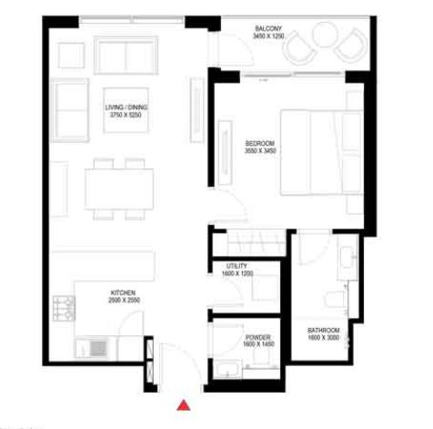 Layout picture 1-rooms flat 51.2 m2 in complex Sobha One