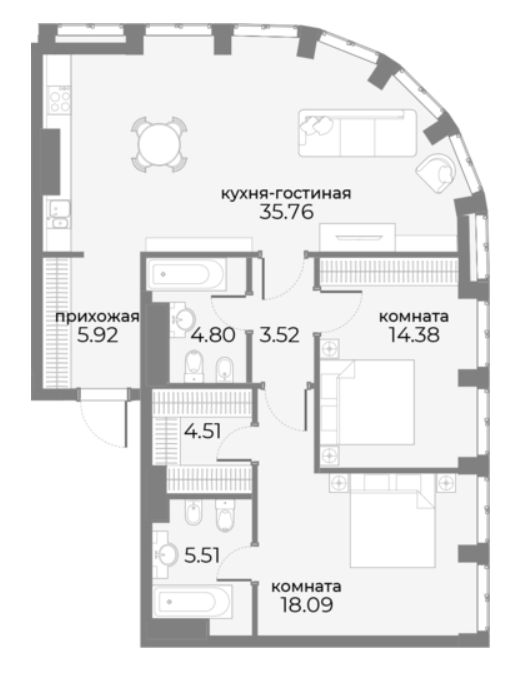 Apartments with 2 bedrooms 92.66 m2 in complex Sky View