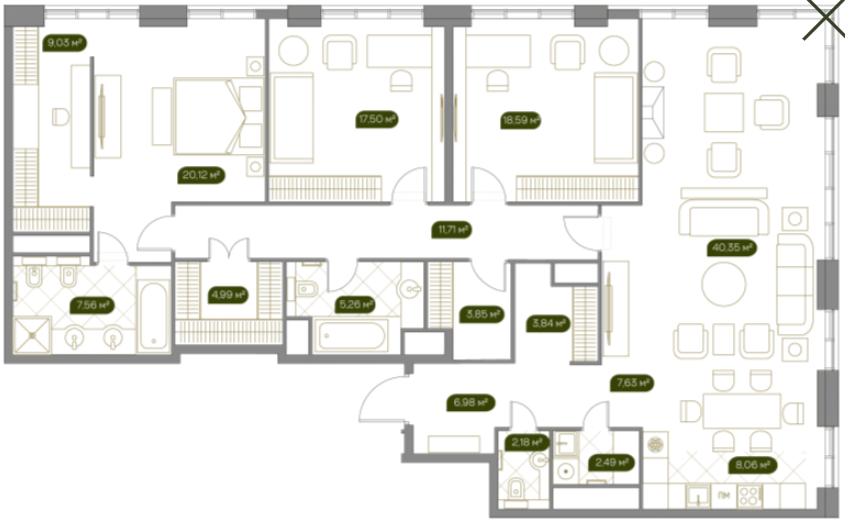 Layout picture Apartment with 4 bedrooms 171.3 m2 in complex West Garden