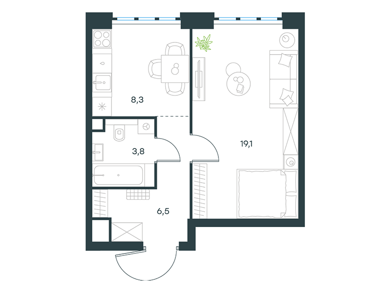 Apartment with 1 bedroom 37.7 m2 in complex Level Yujnoportovaya