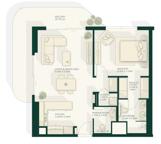 Layout picture 1-br from 796 sqft Photo 2