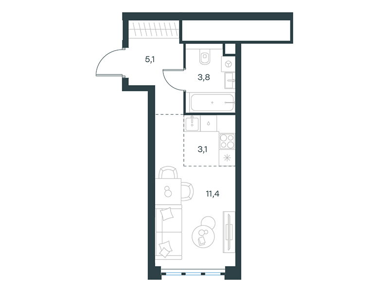 Apartment with 1 bedroom 23.4 m2 in complex Level Yujnoportovaya