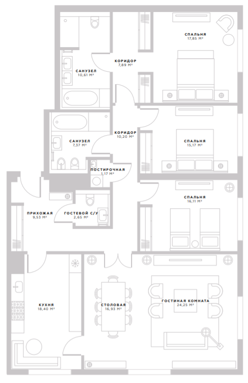 Layout picture Apartments with 3 bedrooms 158.13 m2 in complex Pirogovskaja 14