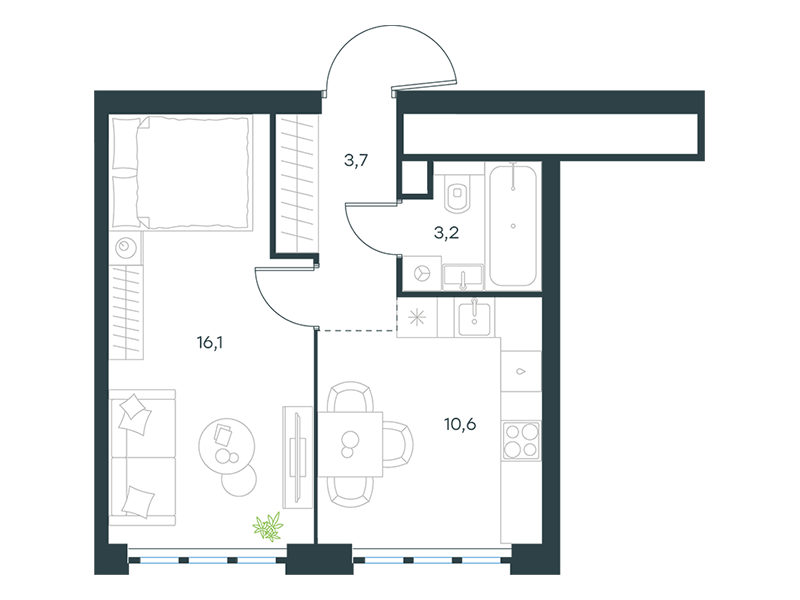 Apartment with 1 bedroom 33.6 m2 in complex Level Yujnoportovaya