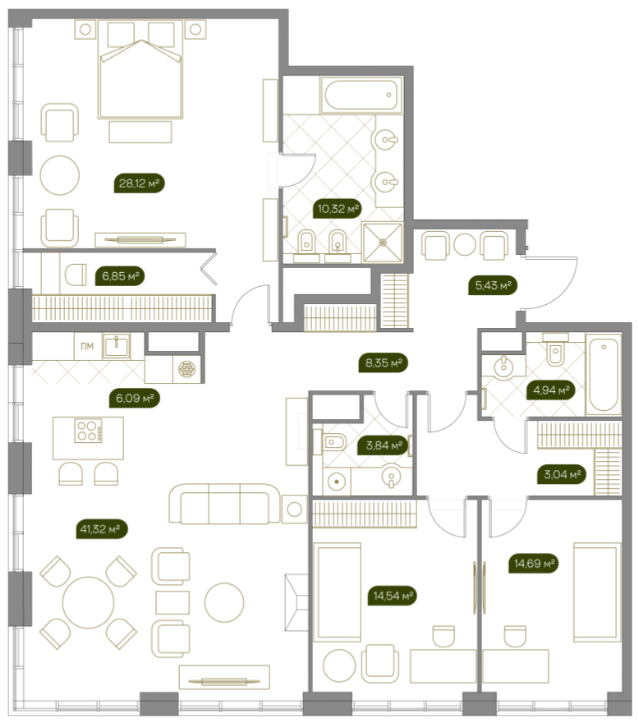 Layout picture Apartment with 4 bedrooms 149 m2 in complex West Garden