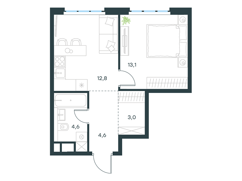 Apartments with 1 bedroom 38.1 m2 in complex Level Yujnoportovaya