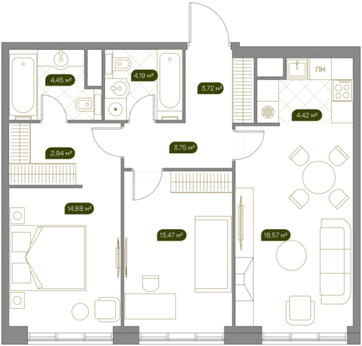 Layout picture Apartment with 3 bedrooms 71 m2 in complex West Garden
