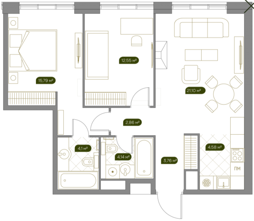 Layout picture Apartment with 3 bedrooms 69.6 m2 in complex West Garden
