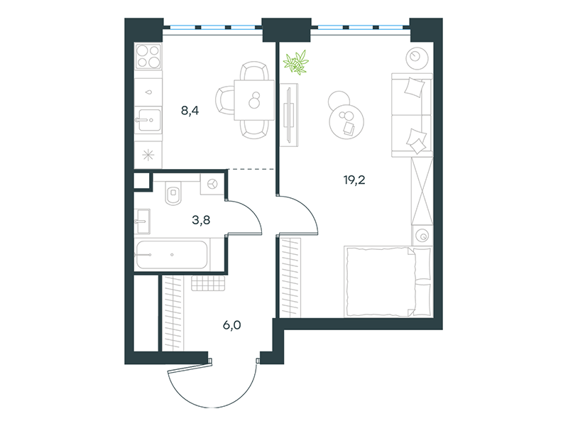 Apartment with 1 bedroom 37.4 m2 in complex Level Yujnoportovaya