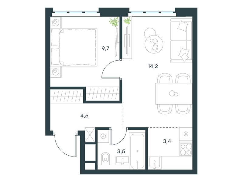 Apartments with 1 bedroom 35.3 m2 in complex Level Yujnoportovaya