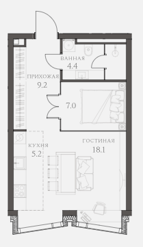 Layout picture Apartments with 1 bedrooms 44.8 m2 in complex AHEAD