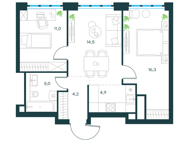 Apartment with 2 bedrooms 55.9 m2 in complex Level Yujnoportovaya