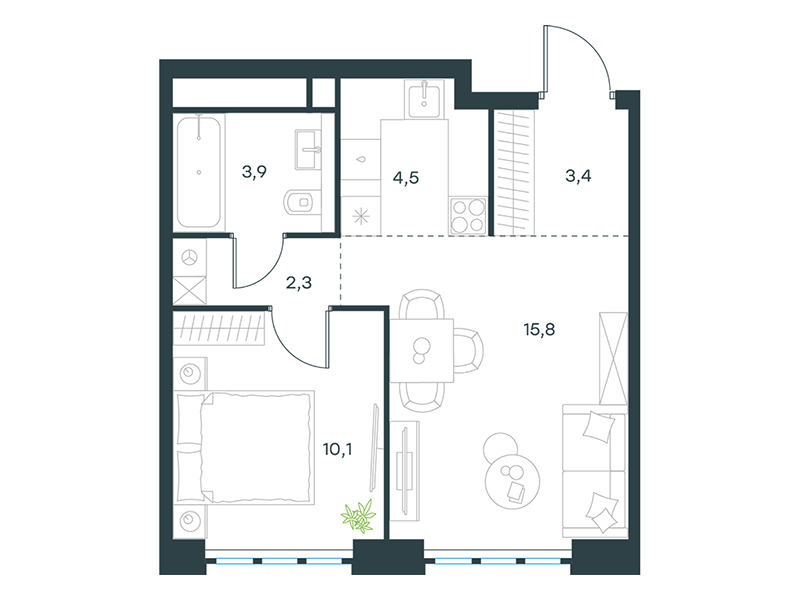 Apartment with 1 bedroom 40 m2 in complex Level Yujnoportovaya