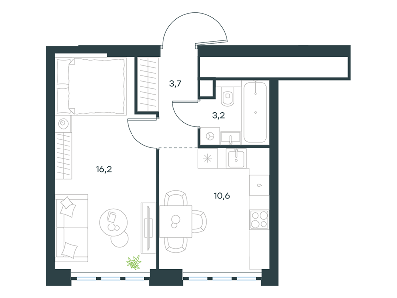 Apartment with 1 bedroom 33.7 m2 in complex Level Yujnoportovaya