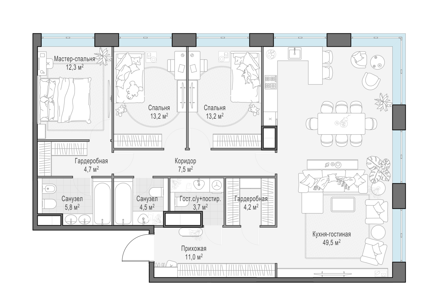 Layout picture Apartment with 4 bedrooms 129.8 m2 in complex West Garden