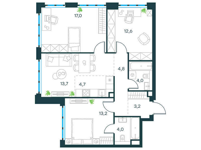 Apartment with 3 bedrooms 77.2 m2 in complex Level Yujnoportovaya