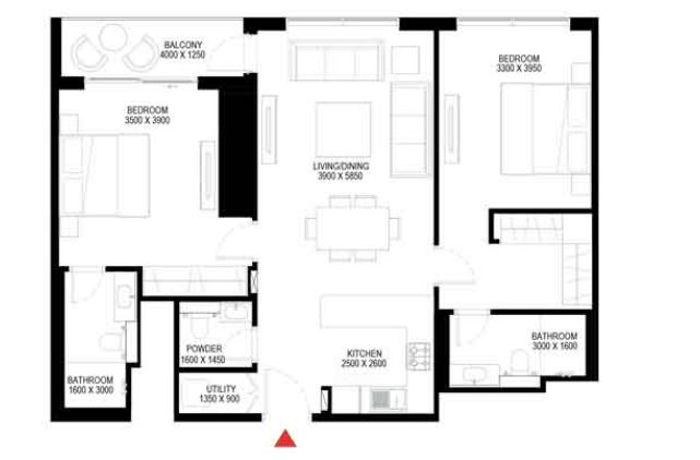 Layout picture 2-rooms flat 103.4 m2 in complex Sobha One