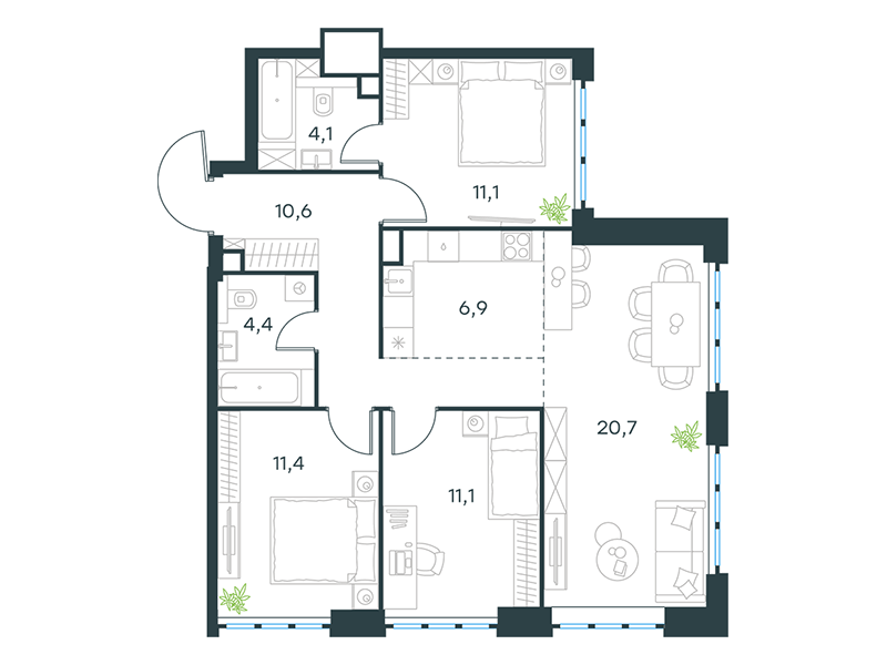 Apartment with 3 bedrooms 80.3 m2 in complex Level Yujnoportovaya