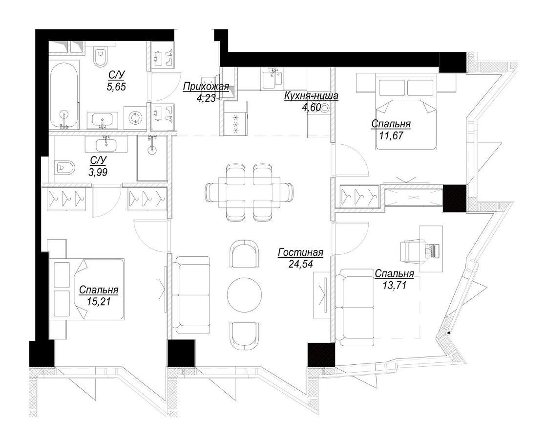 Layout picture Apartment with 3 bedrooms 83.6 m2 in complex Famous