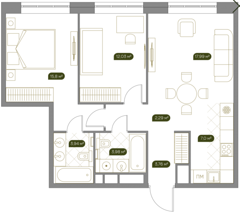 Layout picture Apartment with 3 bedrooms 68.4 m2 in complex West Garden