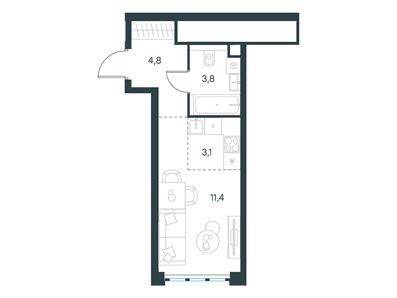 Apartment with 1 bedroom 23.1 m2 in complex Level Yujnoportovaya