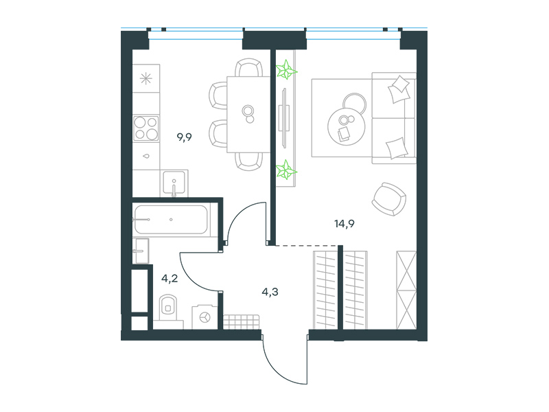 Apartment with 1 bedroom 33.3 m2 in complex Level Prichalnyi