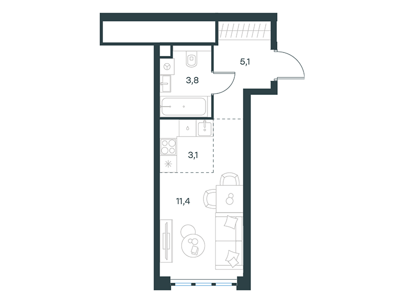 Apartment with 1 bedroom 23.4 m2 in complex Level Yujnoportovaya