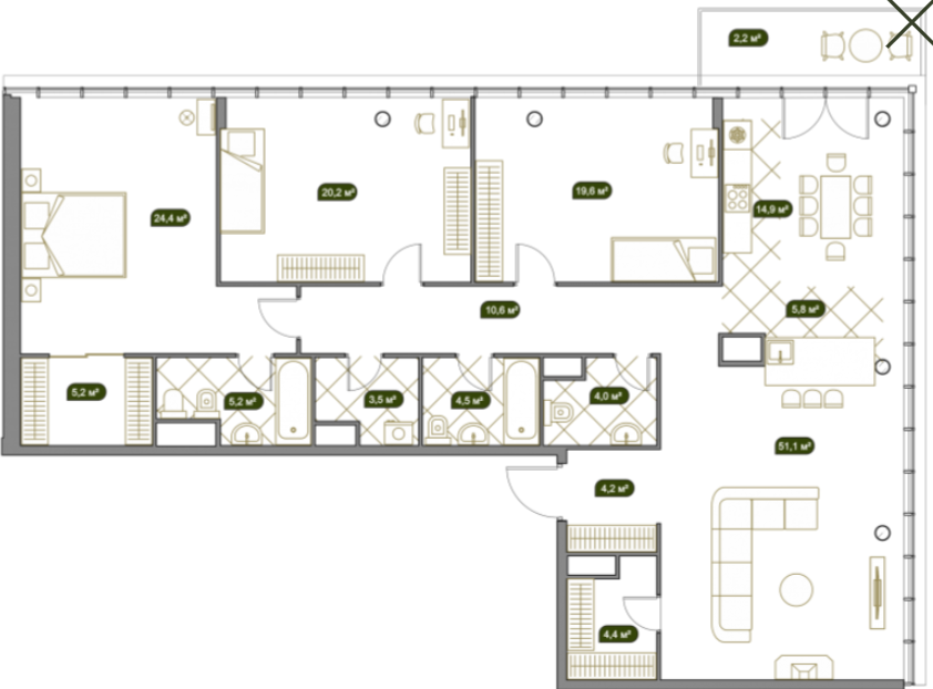 Layout picture Apartment with 4 bedrooms 167.5 m2 in complex Sobraniye klubnykh domov West Garden