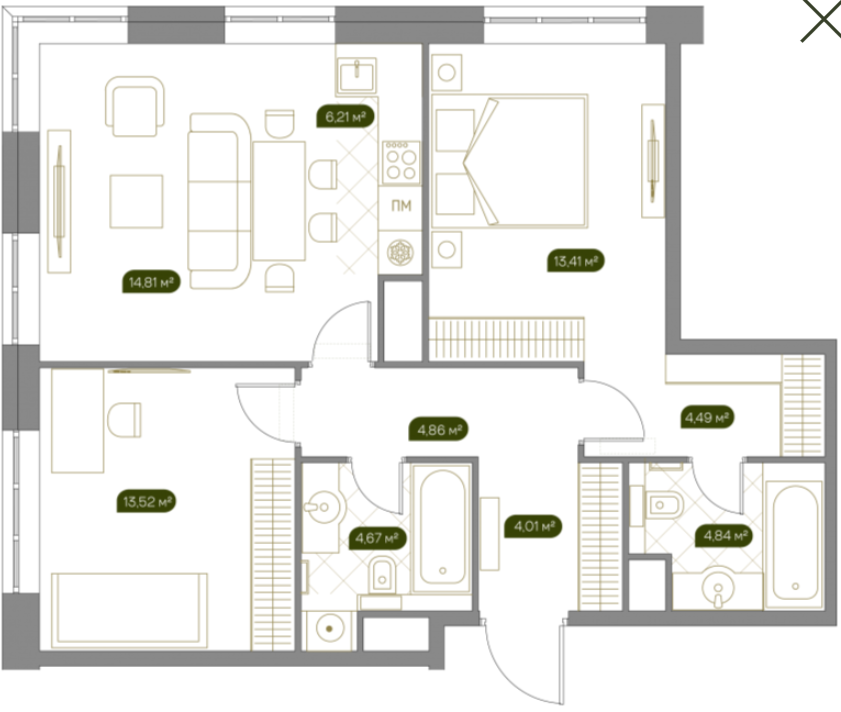 Layout picture Apartment with 3 bedrooms 74.4 m2 in complex West Garden