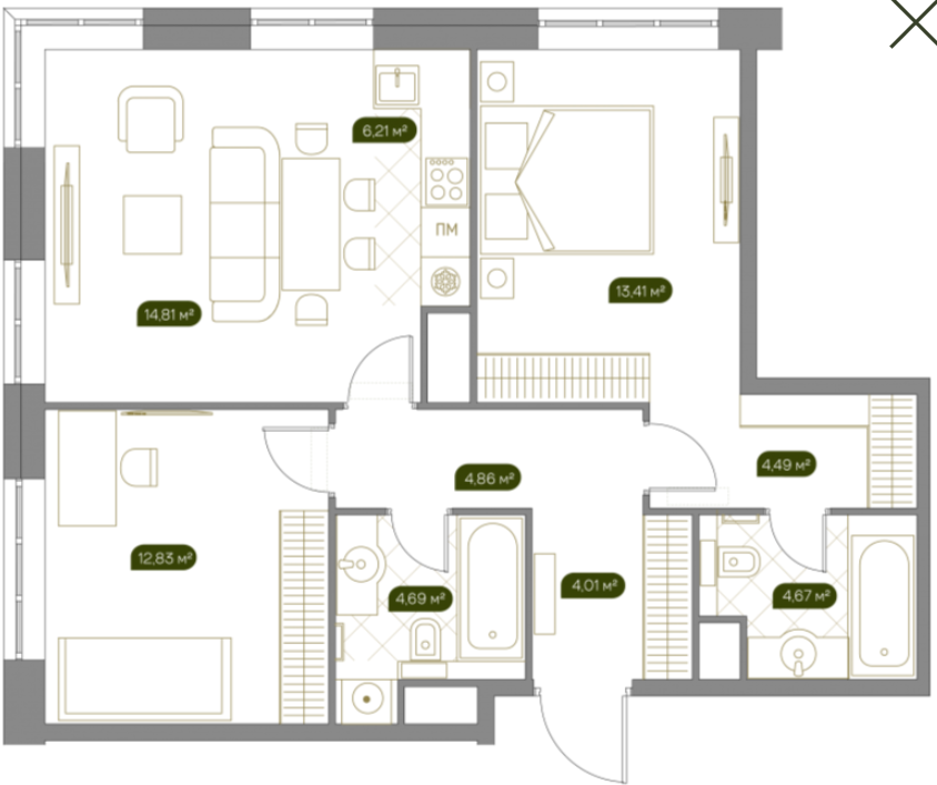 Layout picture Apartment with 3 bedrooms 72.9 m2 in complex West Garden