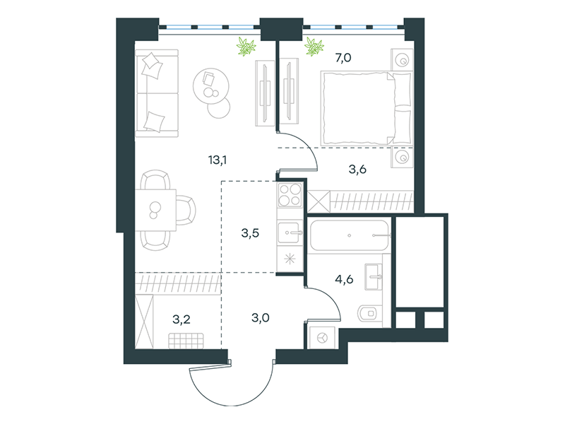 Apartment with 1 bedroom 38 m2 in complex Level Yujnoportovaya