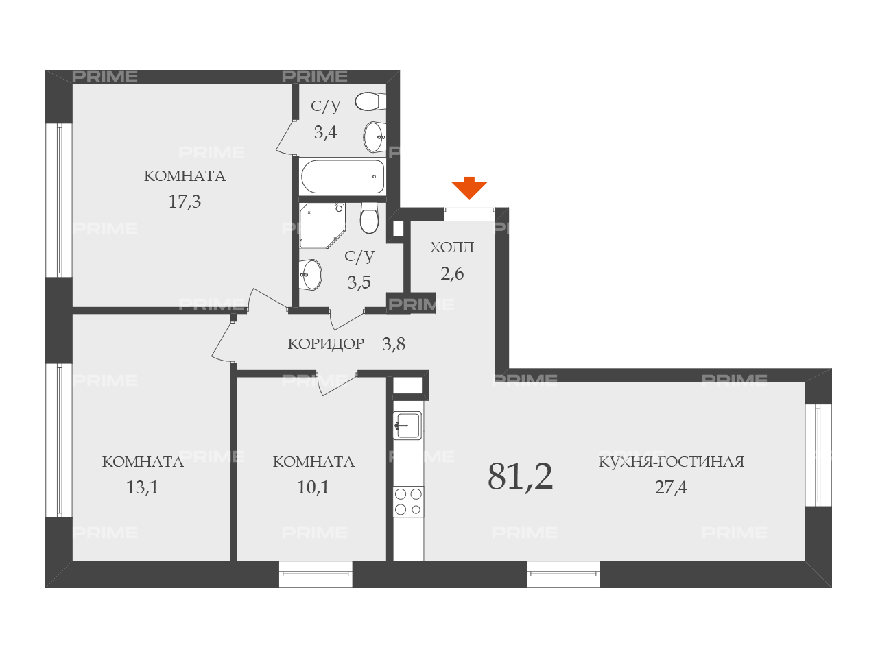 Layout picture Apartment with 3 bedrooms 81.25 m2 in complex Paveletskaya Сiti