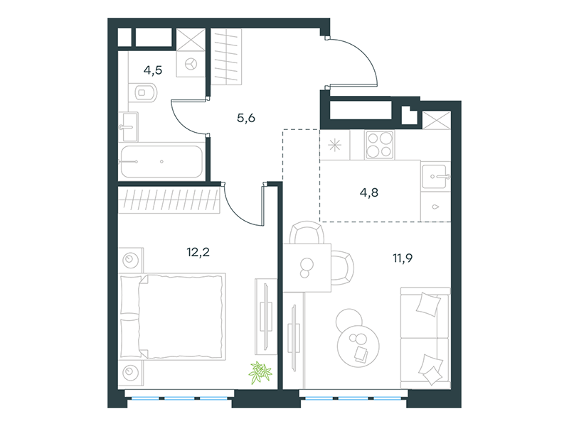 Apartments with 1 bedroom 39 m2 in complex Level Yujnoportovaya