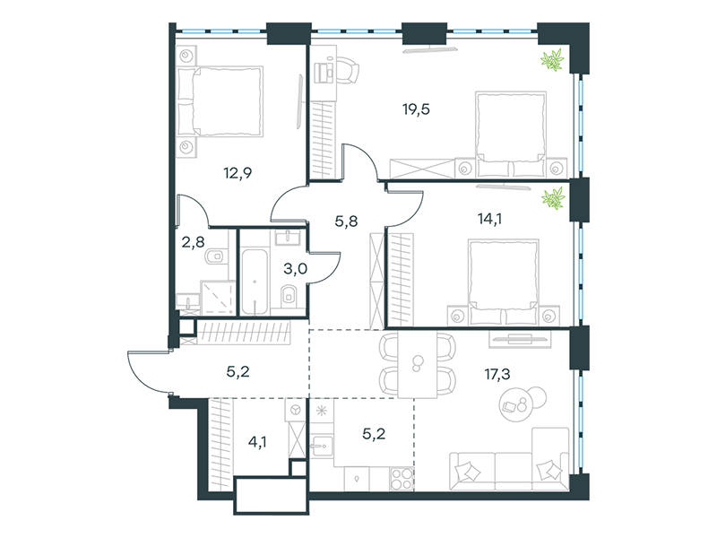 Apartment with 3 bedrooms 89.9 m2 in complex Level Yujnoportovaya