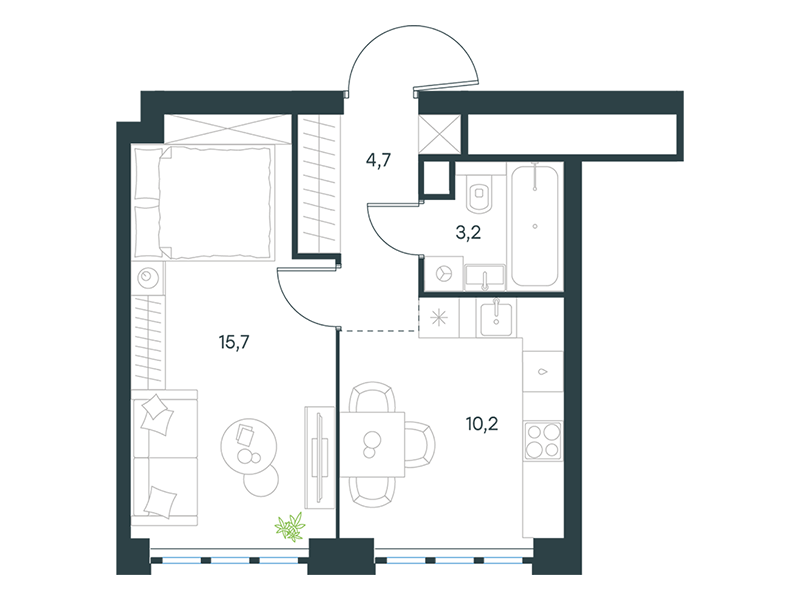 Apartment with 1 bedroom 33.8 m2 in complex Level Yujnoportovaya