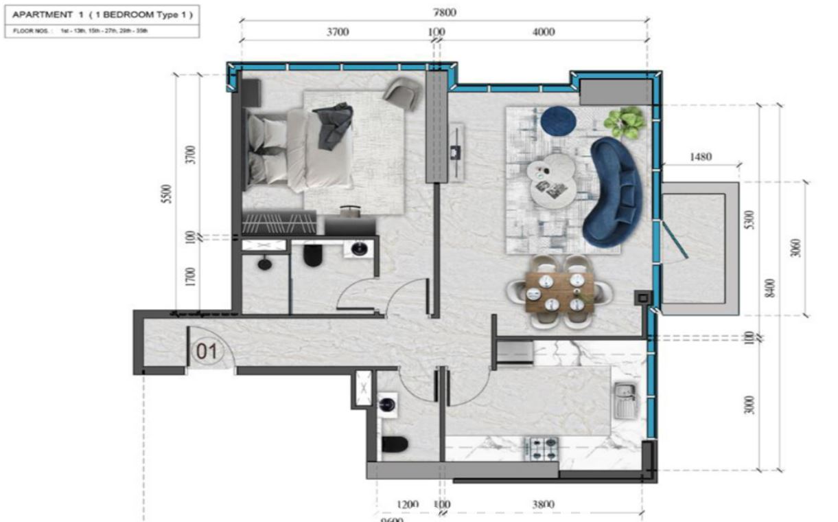 Layout picture 1-rooms flat 57.1 m2 in complex Renad Tower 