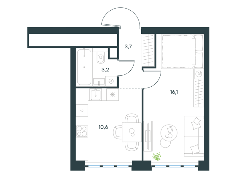 Apartment with 1 bedroom 33.6 m2 in complex Level Yujnoportovaya