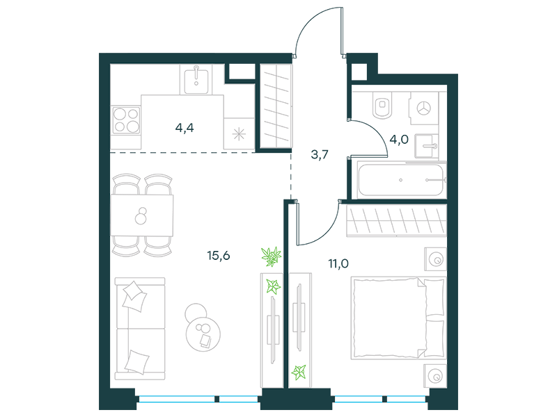 Apartment with 1 bedroom 38.7 m2 in complex Level Michurinsky