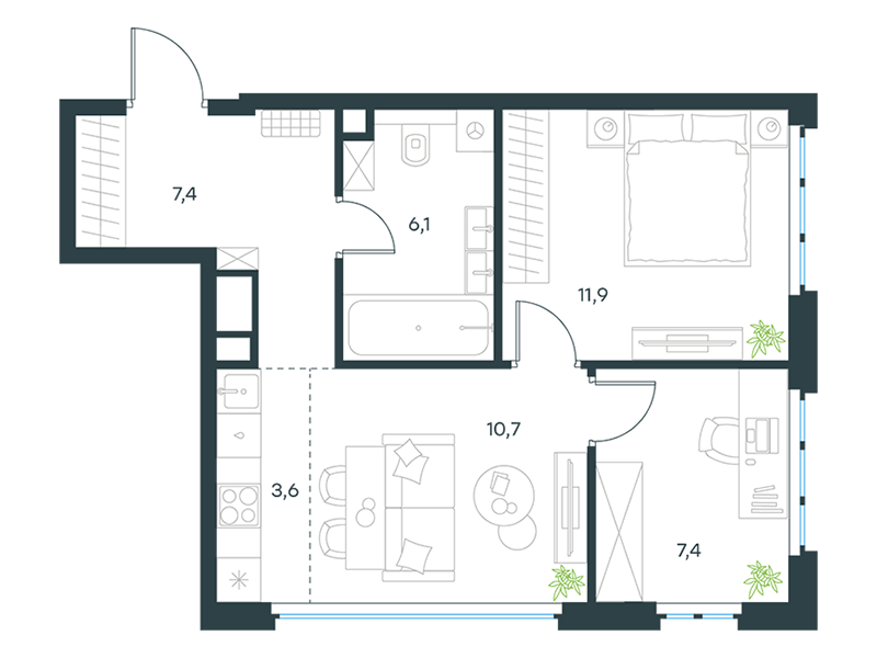 Apartments with 2 bedrooms 47.1 m2 in complex Level Yujnoportovaya