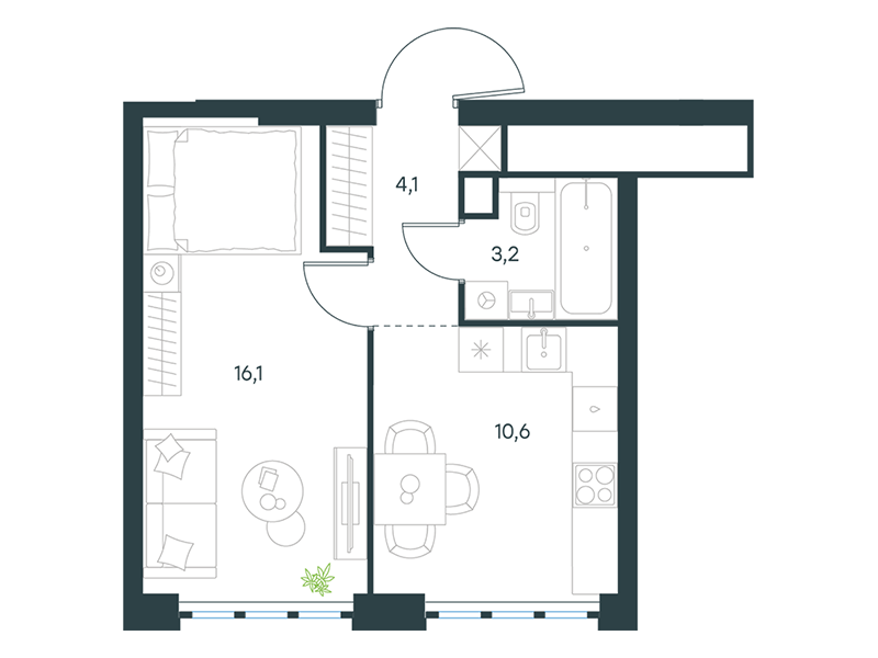 Apartment with 1 bedroom 34 m2 in complex Level Yujnoportovaya