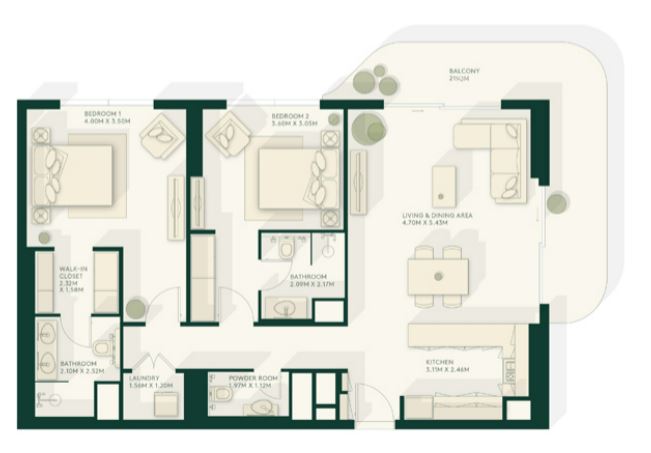 Layout picture 2-br from 1162 sqft Photo 3
