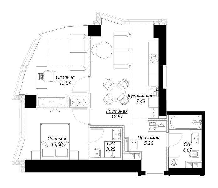Layout picture 3-rooms from 56.77 m2