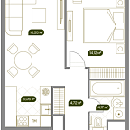 Layout picture Apartment with 2 bedrooms 44.6 m2 in complex Sobraniye klubnykh domov West Garden