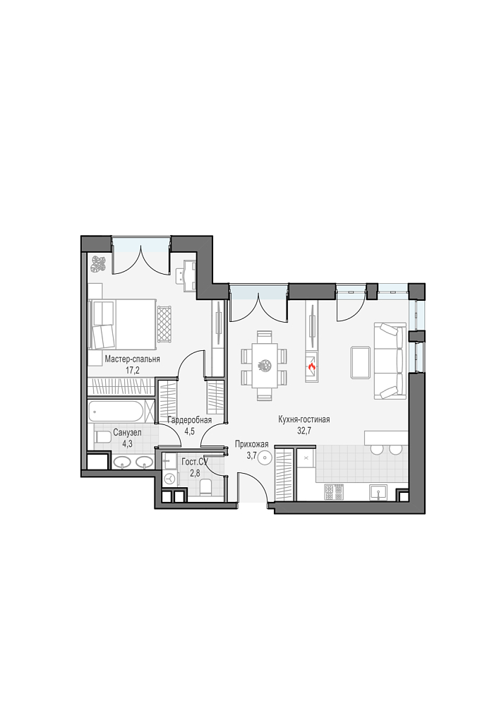 Layout picture Apartment with 1 bedrooms 66.67 m2 in complex Dom Dostizhenie